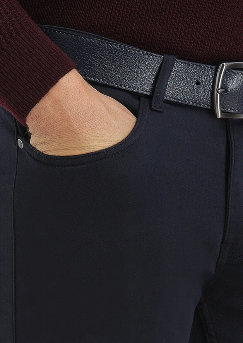 Lacivert Düz Dokuma Slim Fit Casual Pamuk Karışımlı Pantolon - 3