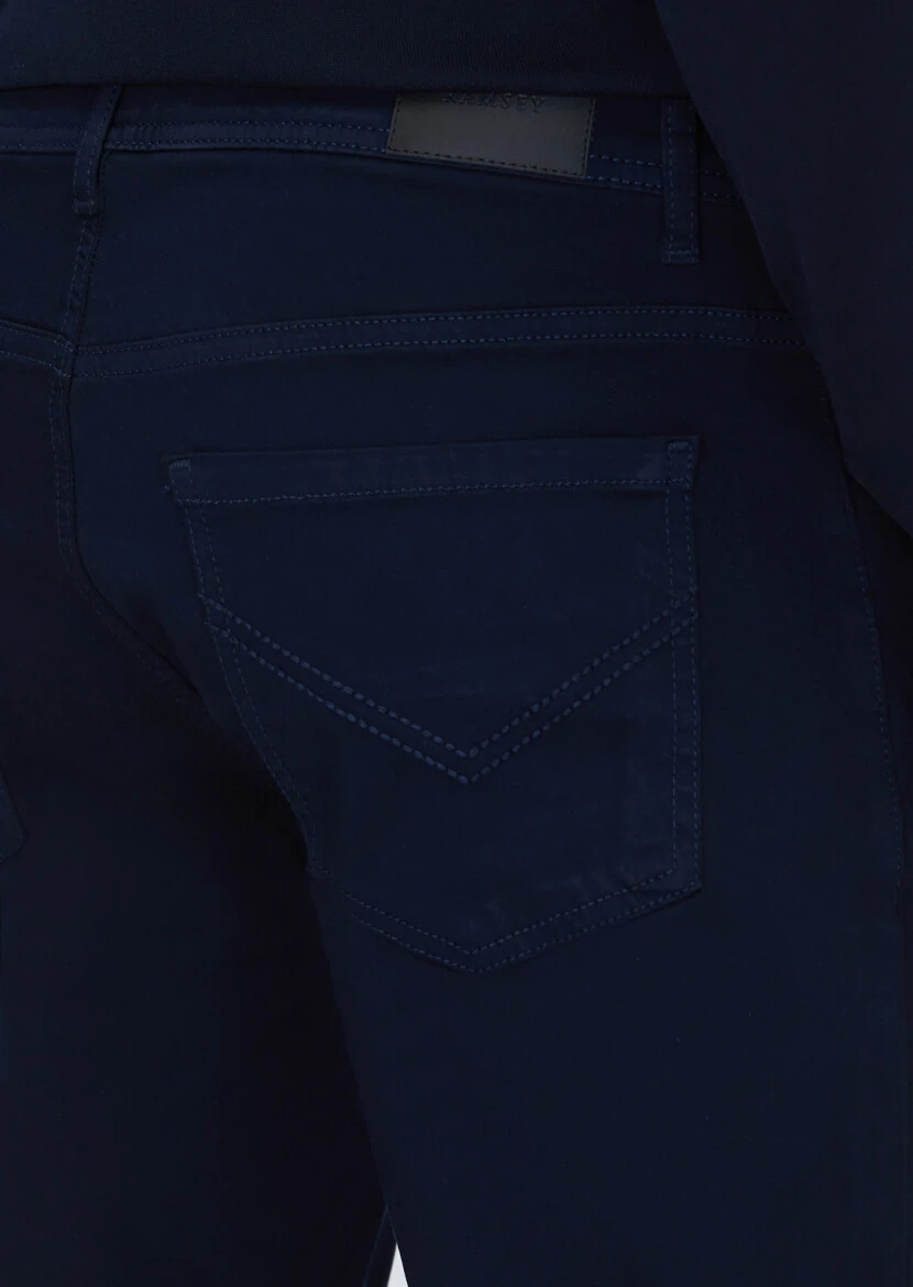 Lacivert Düz Dokuma Slim Fit Casual Pamuk Karışımlı Pantolon - 4