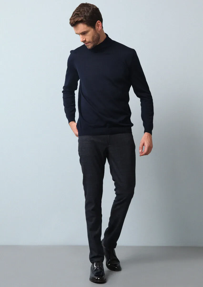 Lacivert Düz Dokuma Slim Fit Casual Pantolon - 3