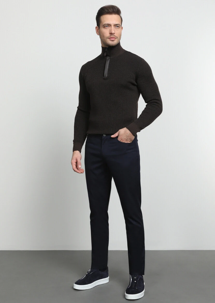 Lacivert Düz Dokuma Slim Fit Casual Pantolon - 1