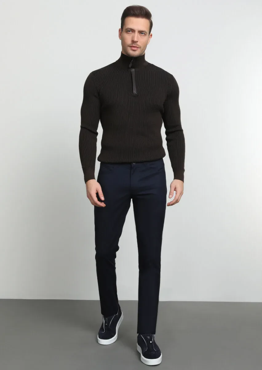 Lacivert Düz Dokuma Slim Fit Casual Pantolon - 3