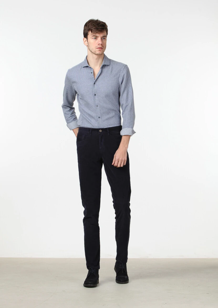 Lacivert Düz Dokuma Slim Fit Kadife Casual Pamuk Karışımlı Pantolon 