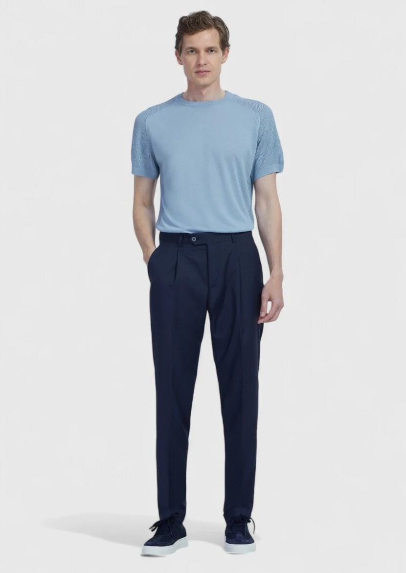 Lacivert Düz Kumaş Slim Fit Casual %100 Yün Pantolon - RAMSEY