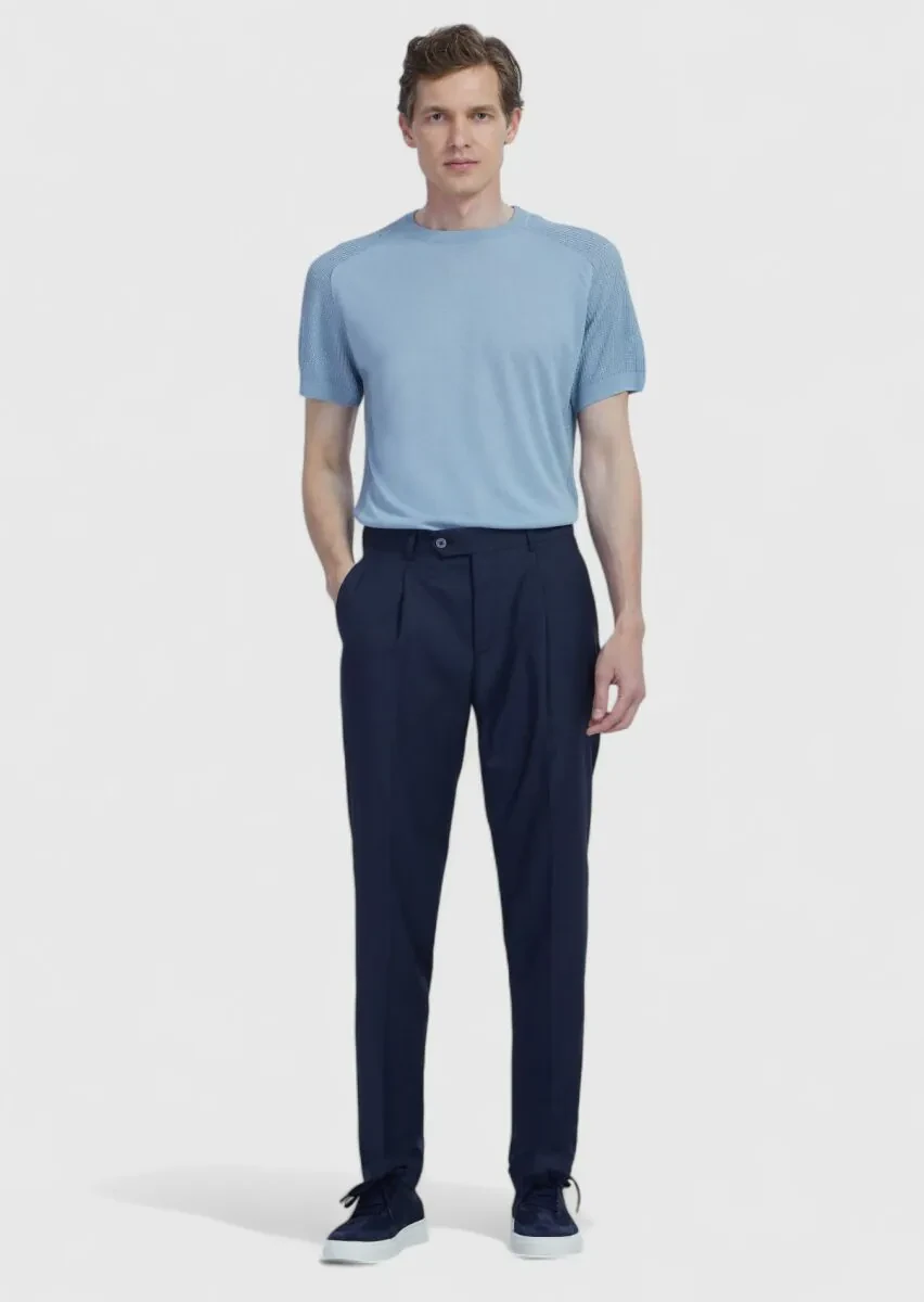 Lacivert Düz Kumaş Slim Fit Casual %100 Yün Pantolon - 1