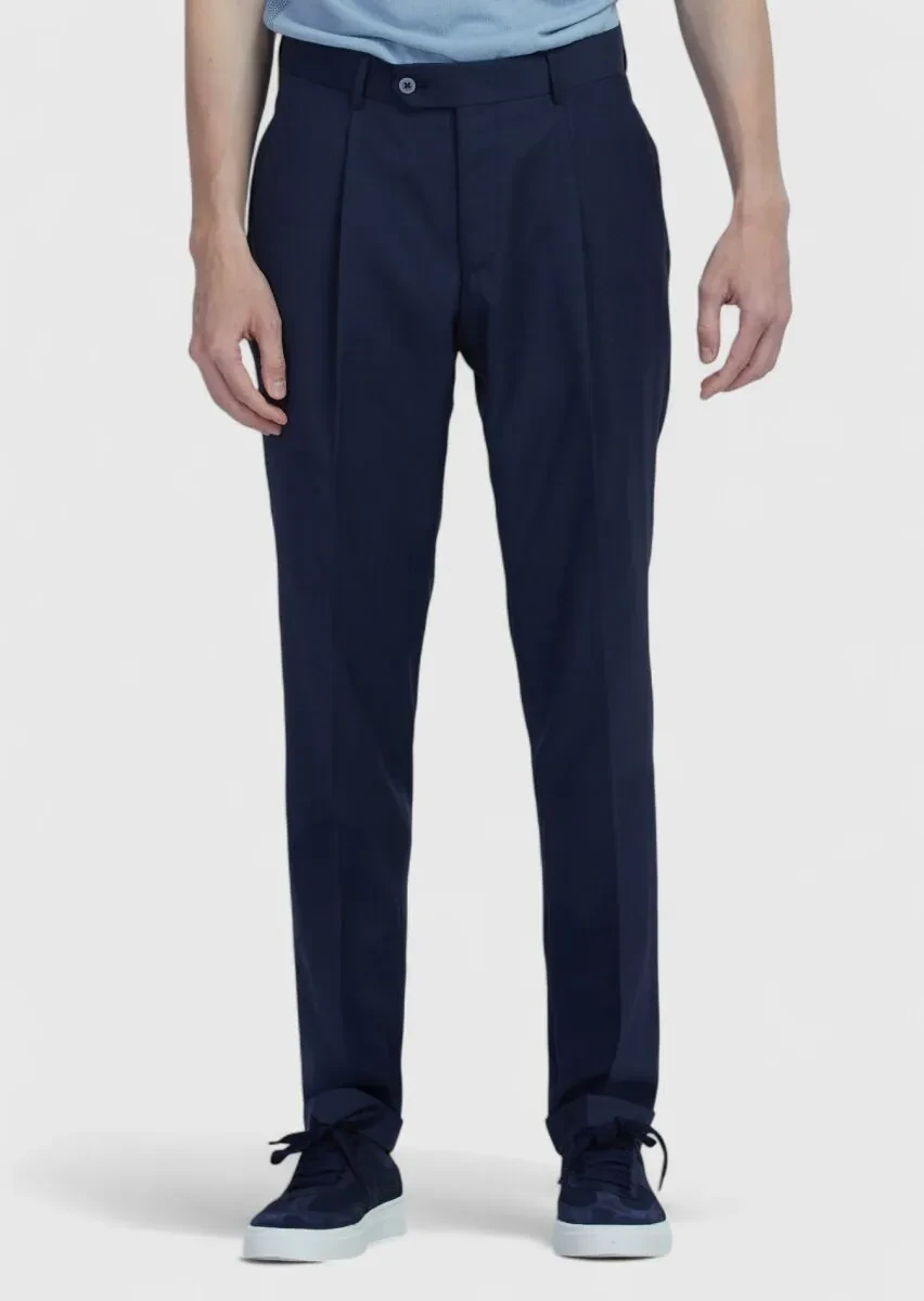 Lacivert Düz Kumaş Slim Fit Casual %100 Yün Pantolon - 2