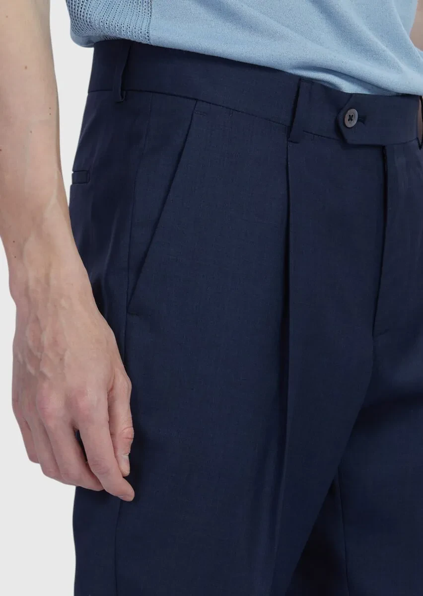 Lacivert Düz Kumaş Slim Fit Casual %100 Yün Pantolon - 4