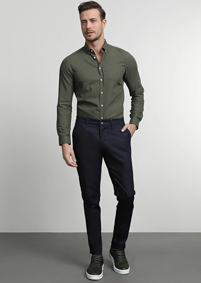 Lacivert Düz Kumaş Slim Fit Casual Pamuk Karışımlı Pantolon - 1