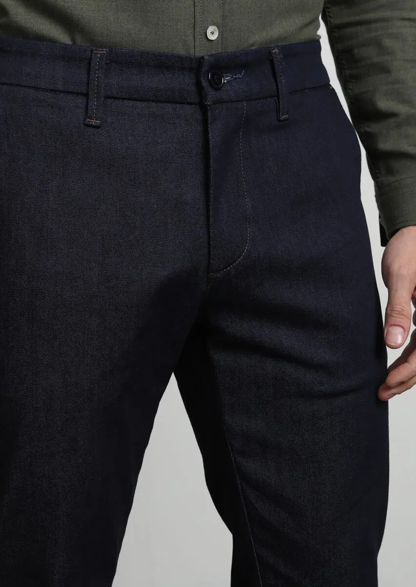 Lacivert Düz Kumaş Slim Fit Casual Pamuk Karışımlı Pantolon - 2