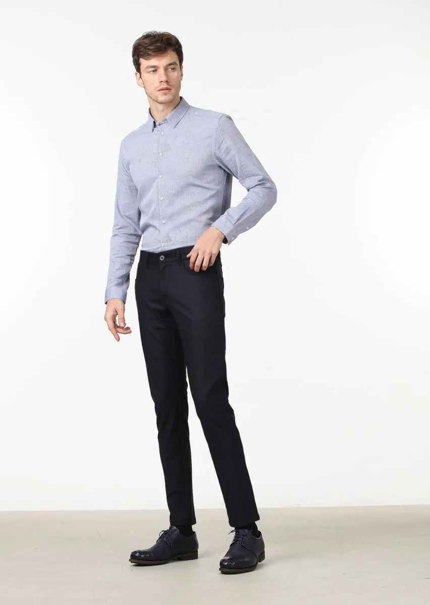 Lacivert Düz Kumaş Slim Fit Casual Yün Karışımlı Pantolon - 1