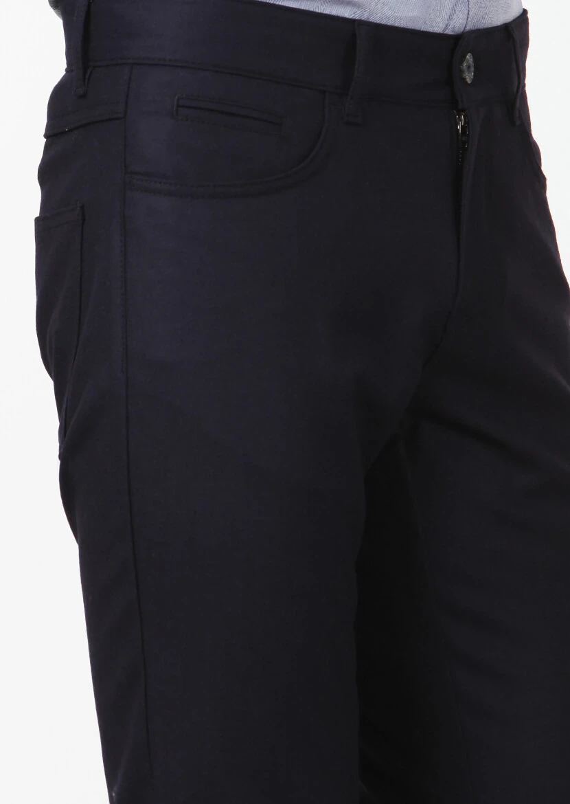 Lacivert Düz Kumaş Slim Fit Casual Yün Karışımlı Pantolon - 3