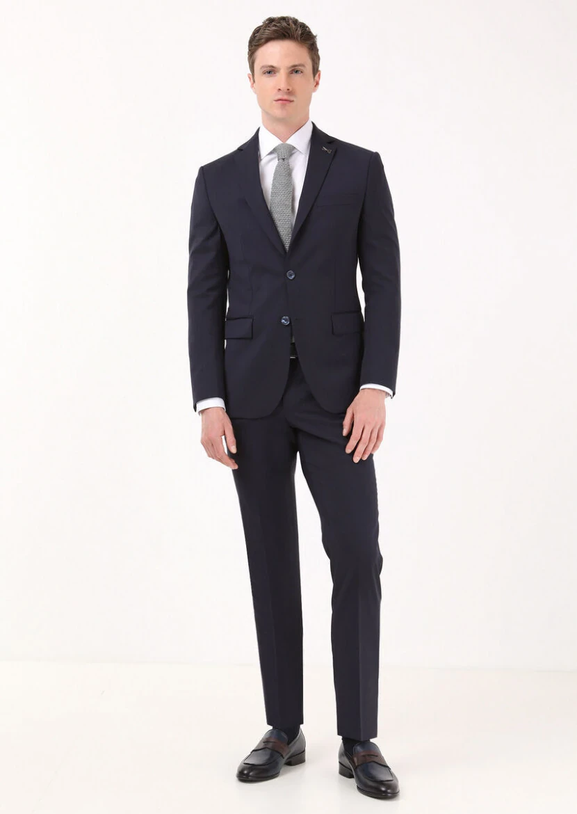 Lacivert Düz Modern Fit %100 Yün Takım Elbise - RAMSEY