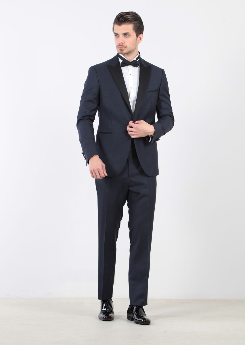 Lacivert Düz Modern Fit Kruvaze Yaka Dokuma Smokin Takım Elbise - 1