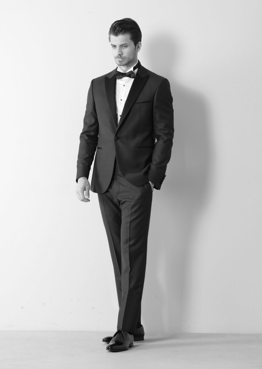 Lacivert Düz Modern Fit Kruvaze Yaka Dokuma Smokin Takım Elbise - 2