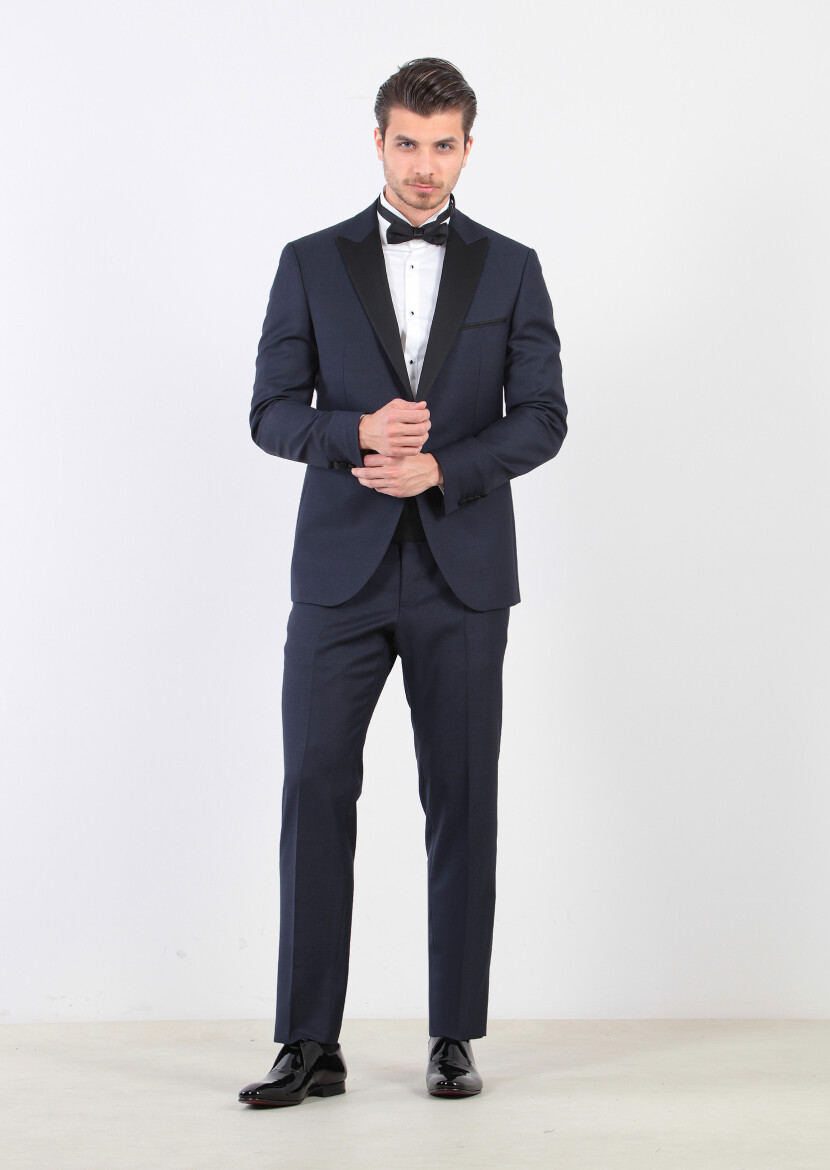 Lacivert Düz Modern Fit Kruvaze Yaka Dokuma Smokin Takım Elbise - 4