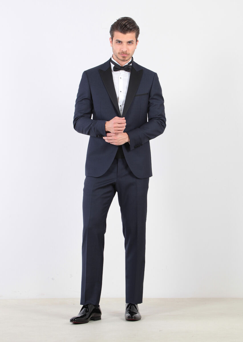 Lacivert Düz Modern Fit Kruvaze Yaka Dokuma Smokin Takım Elbise - 4