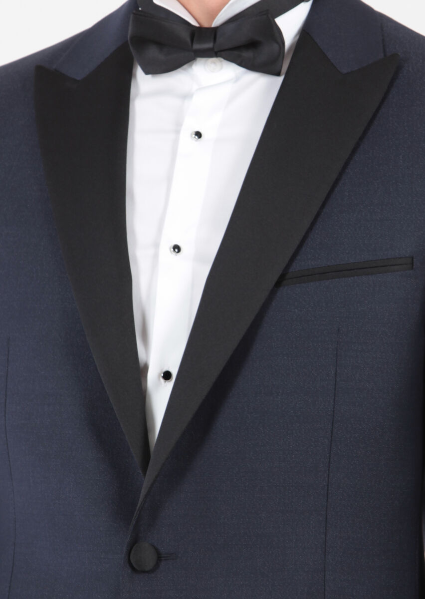 Lacivert Düz Modern Fit Kruvaze Yaka Dokuma Smokin Takım Elbise - 5