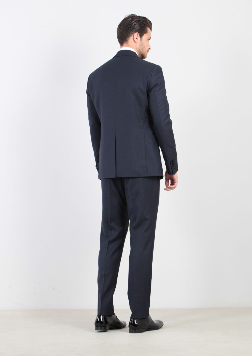 Lacivert Düz Modern Fit Kruvaze Yaka Dokuma Smokin Takım Elbise - 6