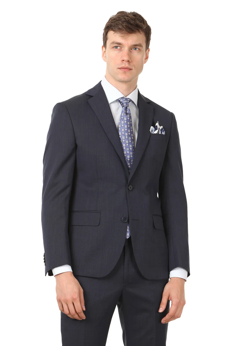 Lacivert Düz Modern Fit Yün Karışımlı Takım Elbise - 1