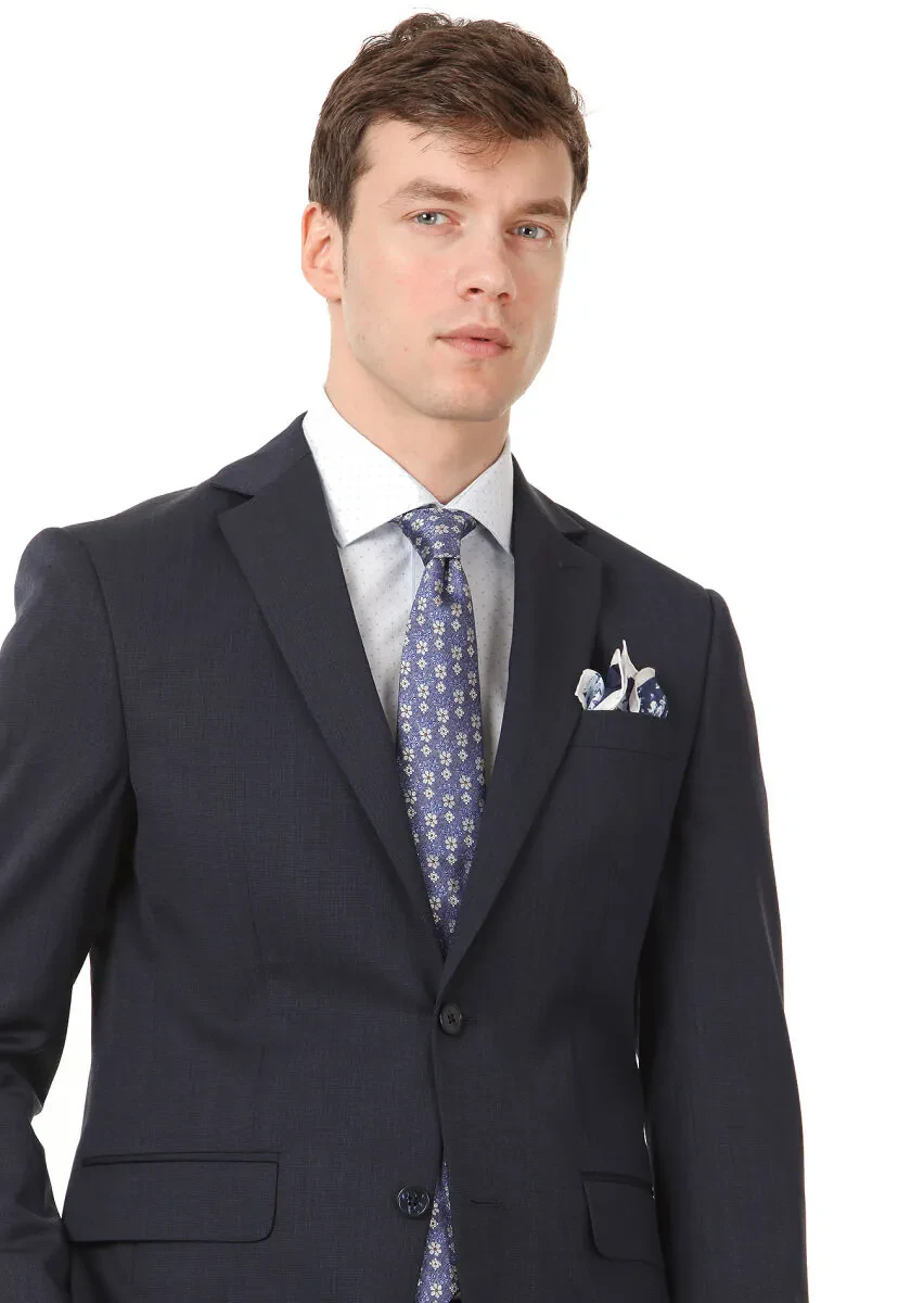 Lacivert Düz Modern Fit Yün Karışımlı Takım Elbise - 2