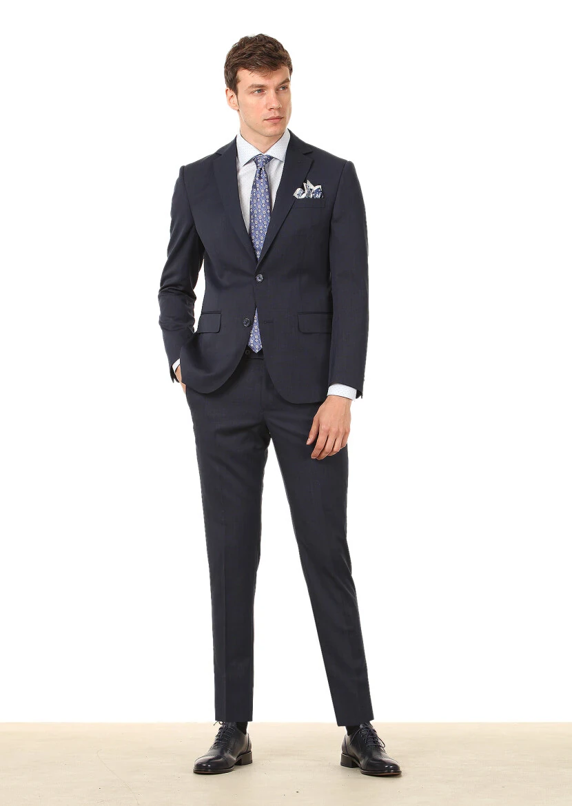 Lacivert Düz Modern Fit Yün Karışımlı Takım Elbise - 3