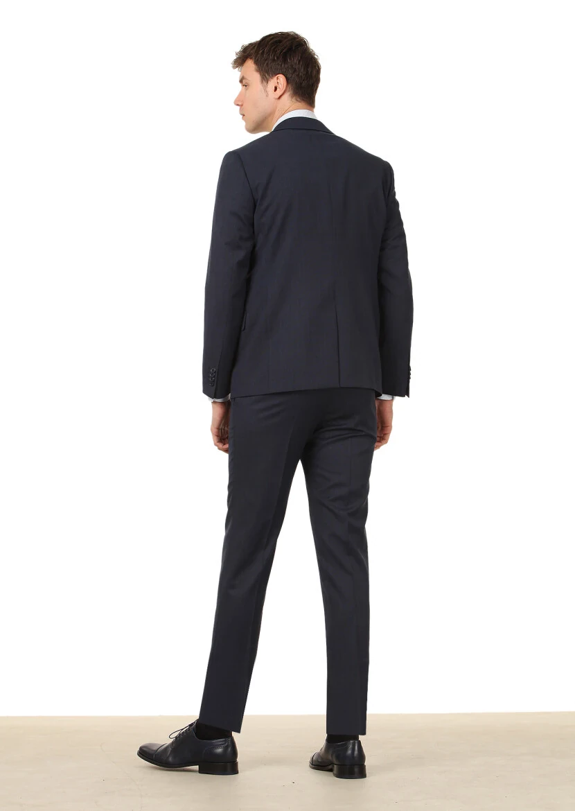 Lacivert Düz Modern Fit Yün Karışımlı Takım Elbise - 4