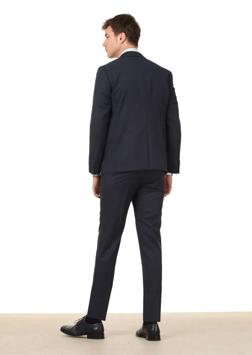 Lacivert Düz Modern Fit Yün Karışımlı Takım Elbise - 4