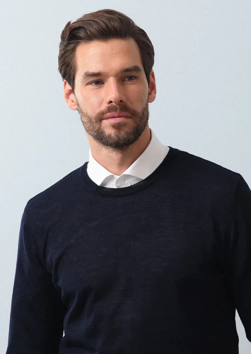 Lacivert Düz Örgü Yün Karışımlı Triko Kazak - 2