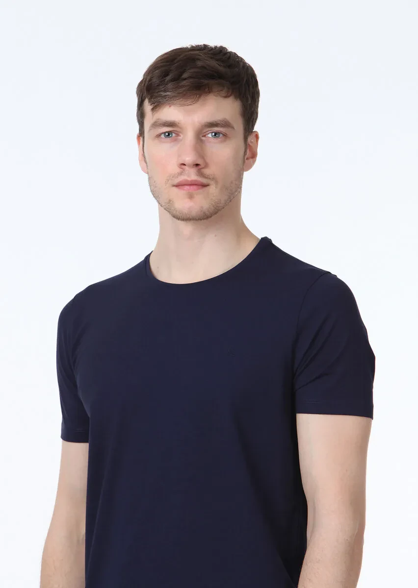 Lacivert Düz Pamuk Karışımlı T-Shirt - 3