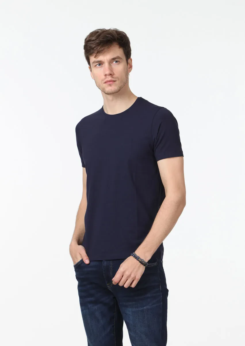 Lacivert Düz Pamuk Karışımlı T-Shirt - 1
