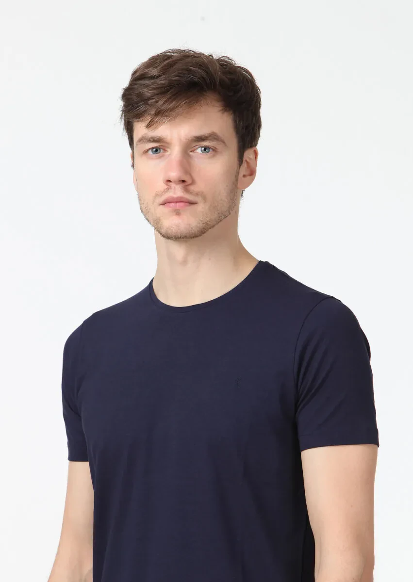 Lacivert Düz Pamuk Karışımlı T-Shirt - 3