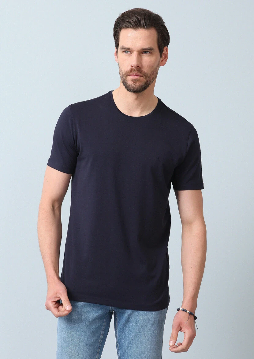 Lacivert Düz Pamuk Karışımlı T-Shirt - RAMSEY