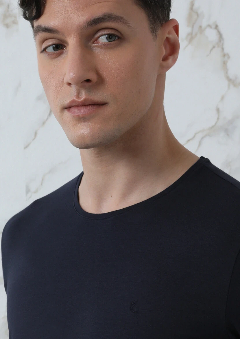 Lacivert Düz Pamuk Karışımlı T-Shirt - RAMSEY