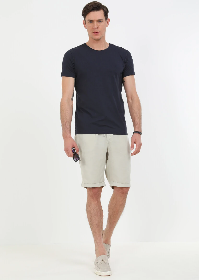 Lacivert Düz Pamuk Karışımlı T-Shirt - 4