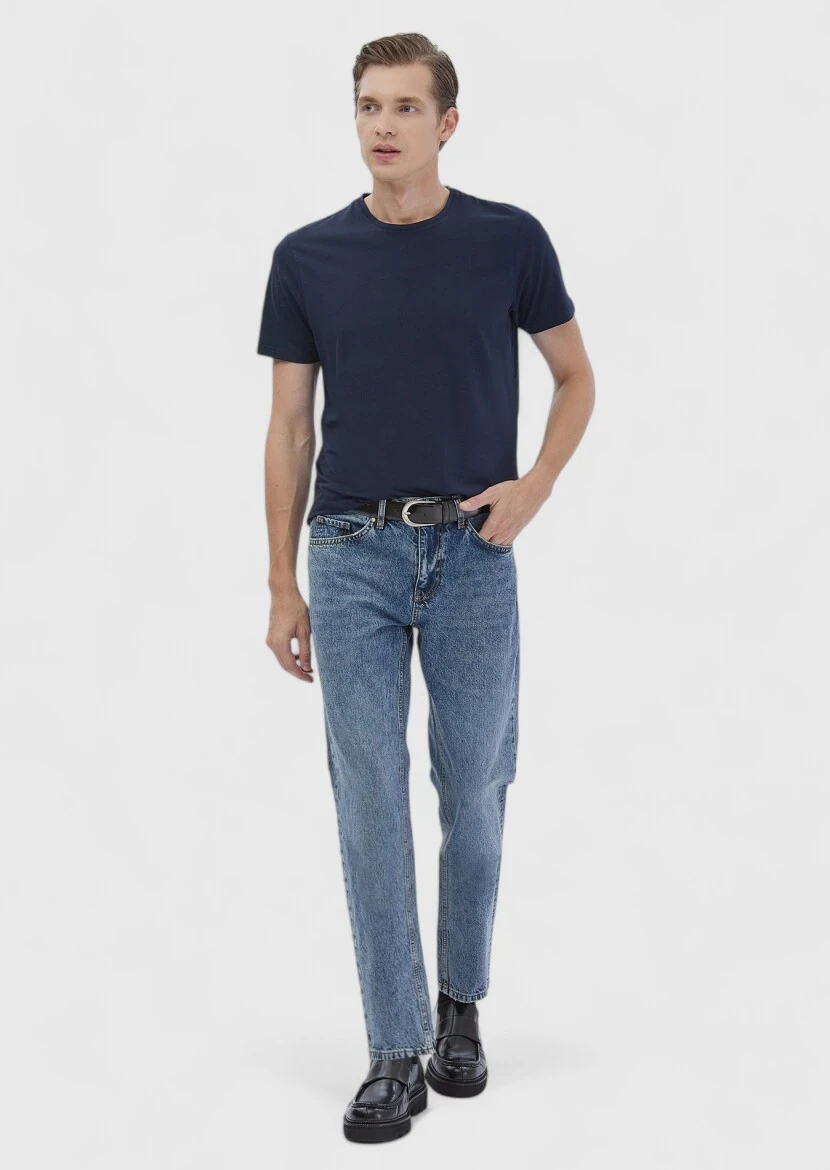 Lacivert Düz Pamuk Karışımlı T-Shirt 