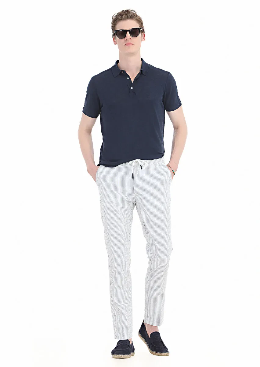 Lacivert Düz Polo Yaka %100 Keten T-Shirt - 3