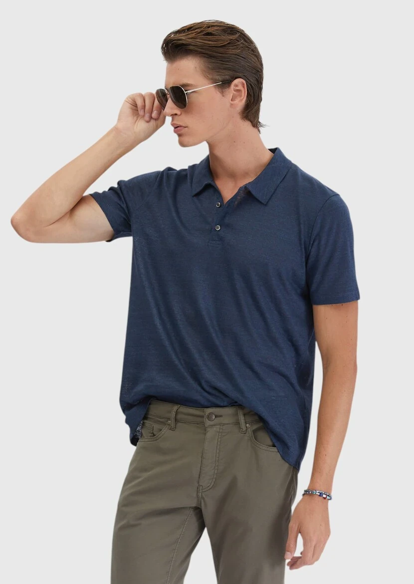 Lacivert Düz Polo Yaka %100 Keten T-Shirt - RAMSEY