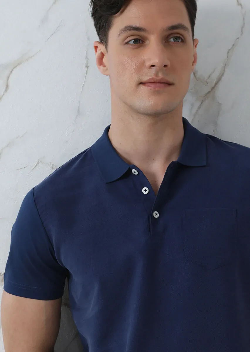 Lacivert Düz Polo Yaka %100 Pamuk T-Shirt - 1