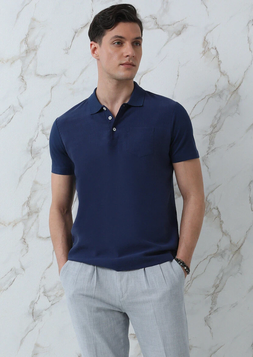 Lacivert Düz Polo Yaka %100 Pamuk T-Shirt - 2