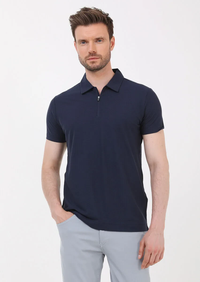 Lacivert Düz Polo Yaka %100 Pamuk T-Shirt - 1