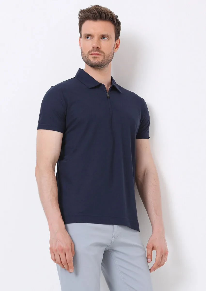 Lacivert Düz Polo Yaka %100 Pamuk T-Shirt - 2