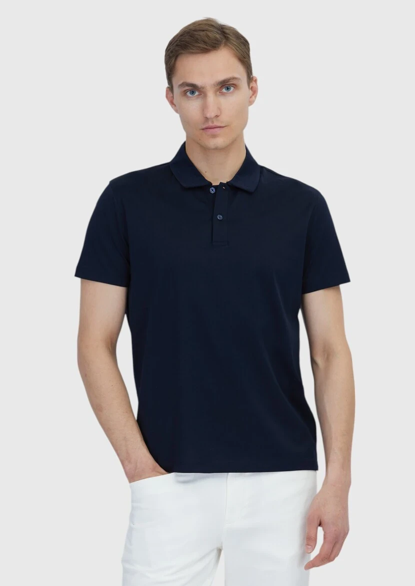 Lacivert Düz Polo Yaka %100 Pamuk T-Shirt - RAMSEY
