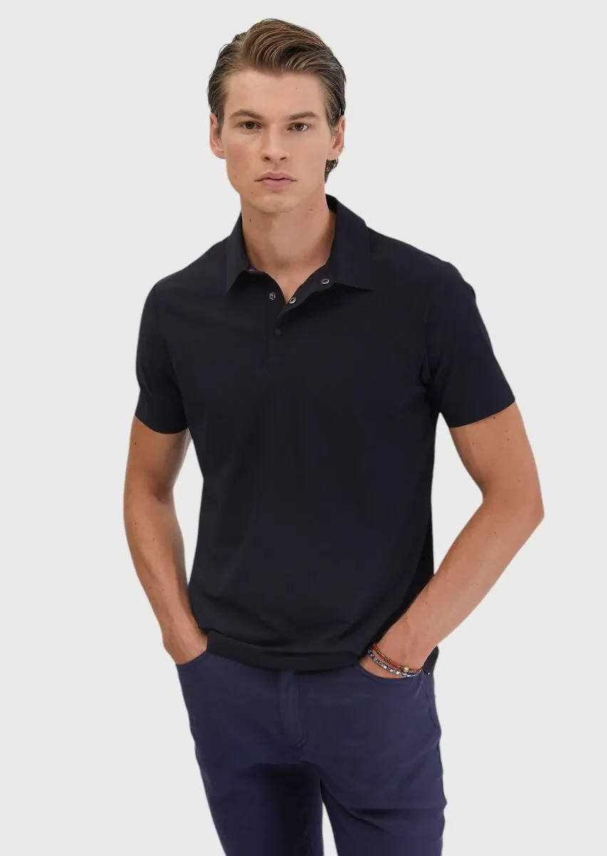 Lacivert Düz Polo Yaka T-Shirt - 1