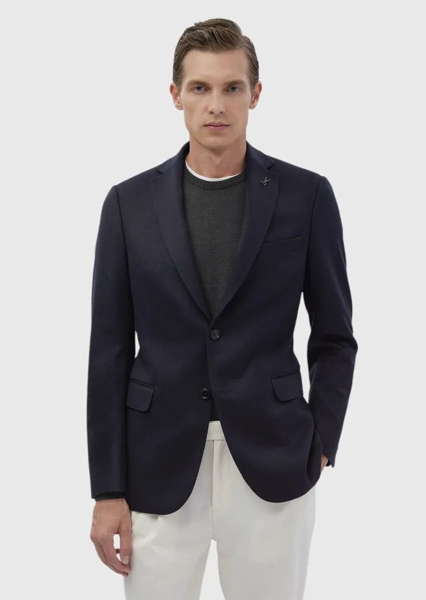 Lacivert Düz Regular Fit %100 Kaşmir Ceket - 3