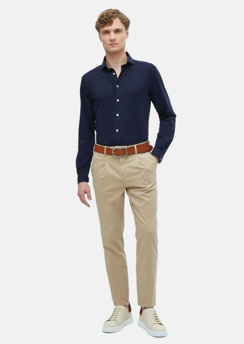 Lacivert Düz Regular Fit Casual Pamuk Karışımlı Gömlek 