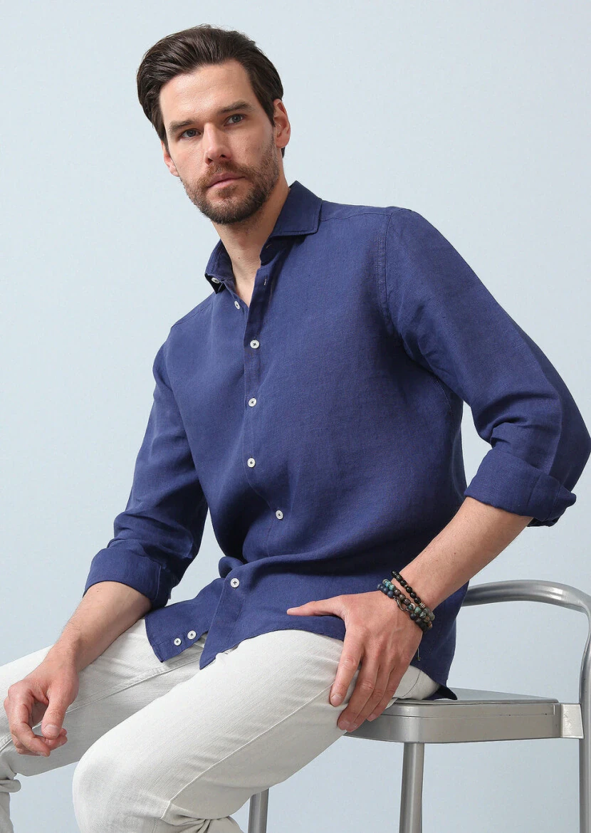 Lacivert Düz Regular Fit Dokuma Casual %100 Keten Gömlek - 1