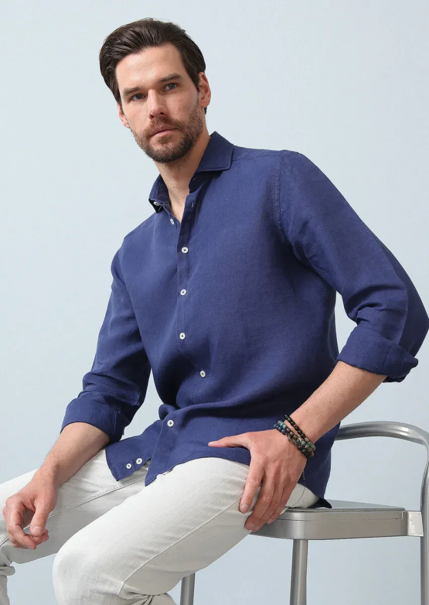Lacivert Düz Regular Fit Dokuma Casual %100 Keten Gömlek - 1