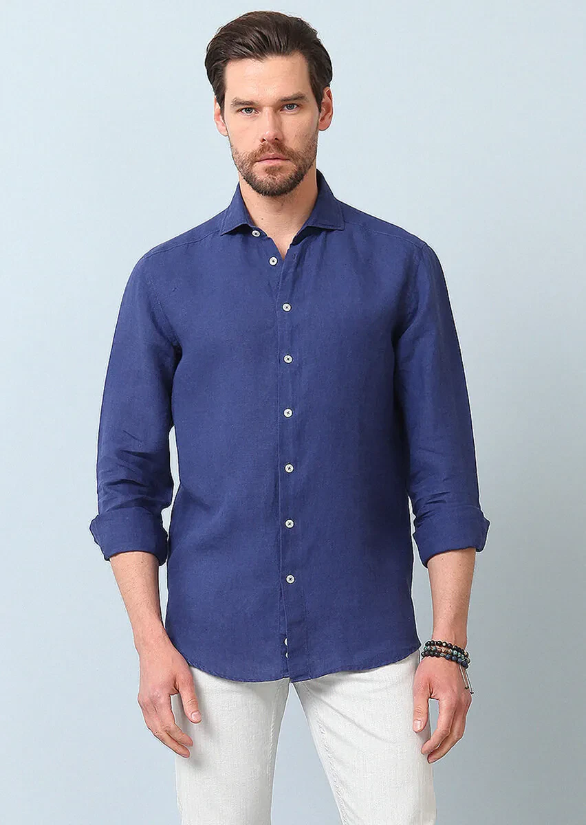 Lacivert Düz Regular Fit Dokuma Casual %100 Keten Gömlek - 2