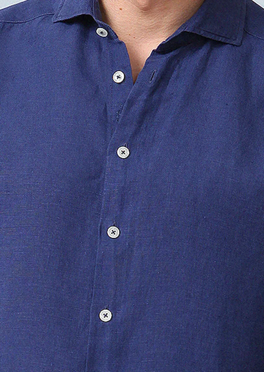 Lacivert Düz Regular Fit Dokuma Casual %100 Keten Gömlek - 3