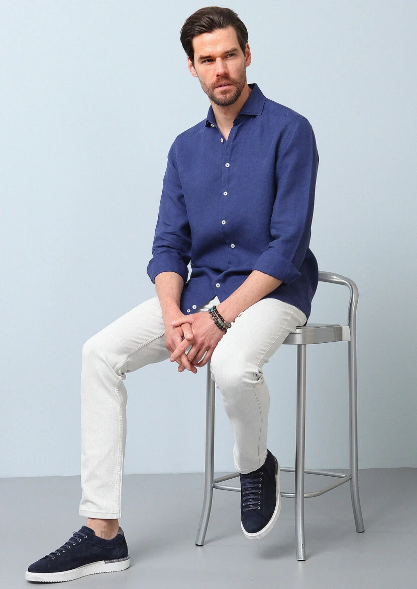 Lacivert Düz Regular Fit Dokuma Casual %100 Keten Gömlek - 4