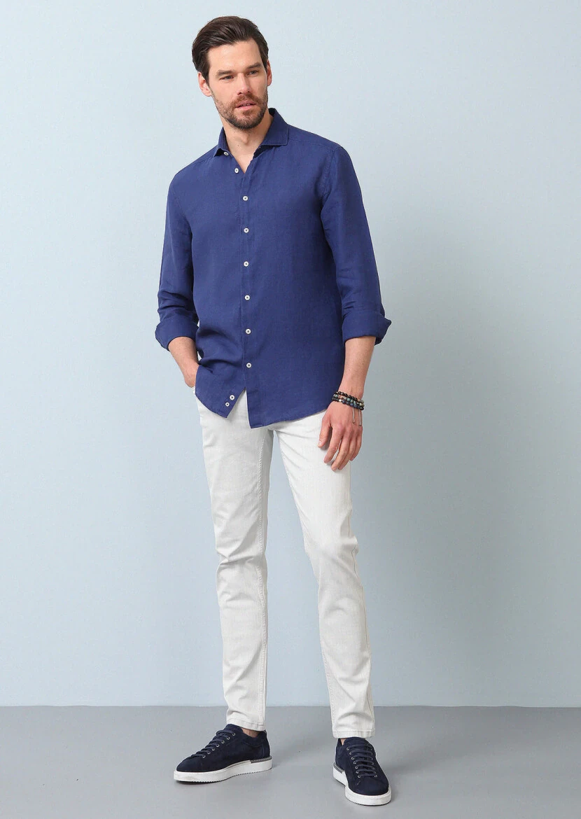 Lacivert Düz Regular Fit Dokuma Casual %100 Keten Gömlek - 5